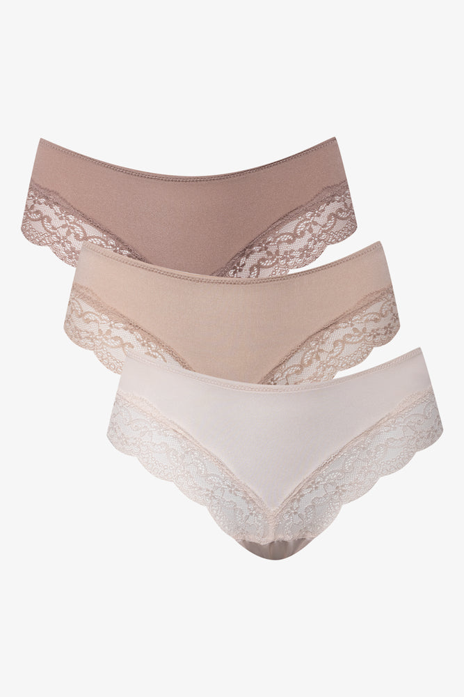 3 Pack Micro Sheen Lace Trim Brazilian Panties Natural