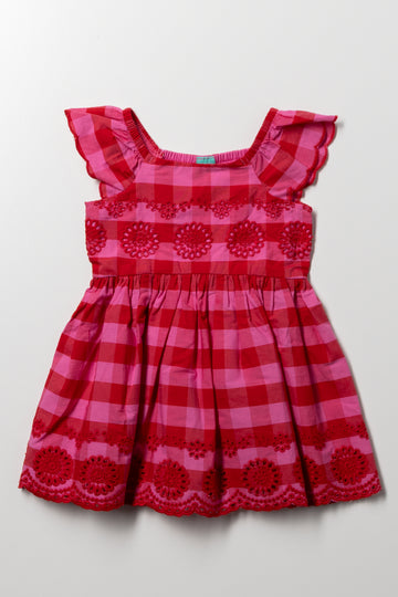 Embroidered Check Dress Red And Pink