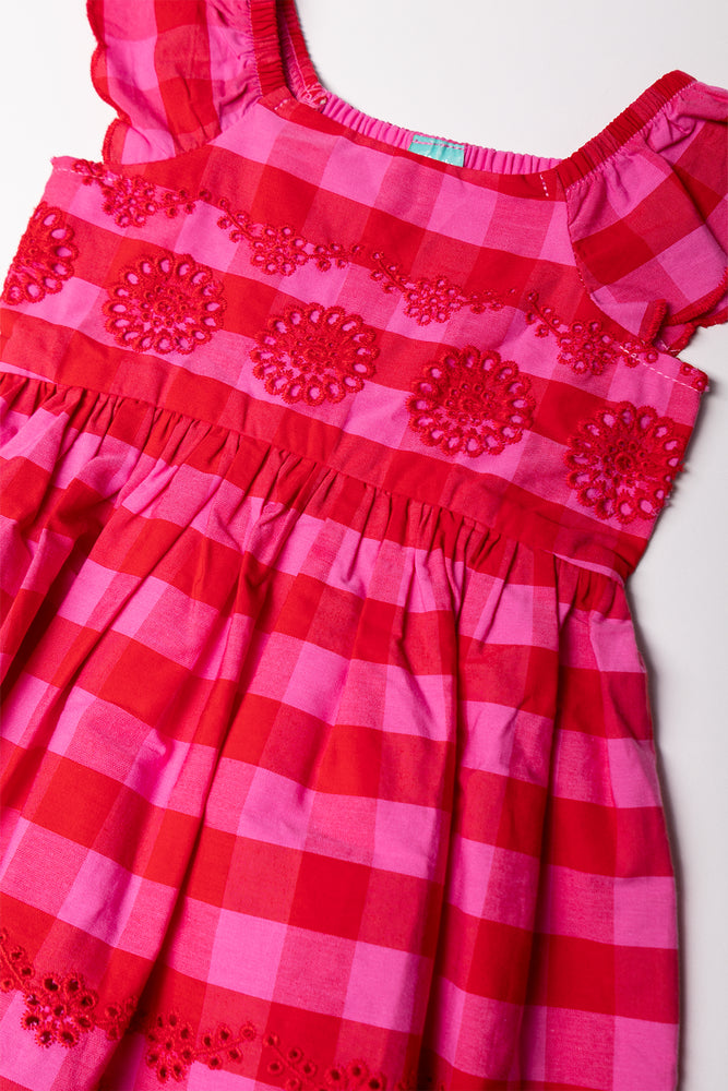 Embroidered Check Dress Red And Pink (1)