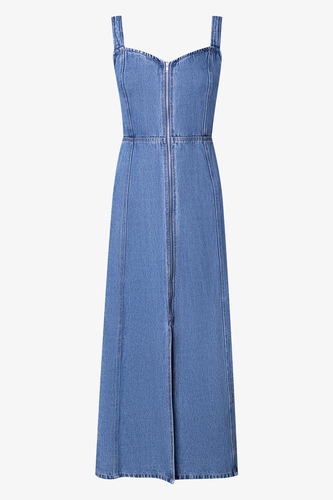 Front Zip Fit And Flare Denim Dress Blue