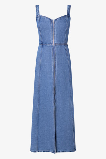 Front Zip Fit And Flare Denim Dress Blue