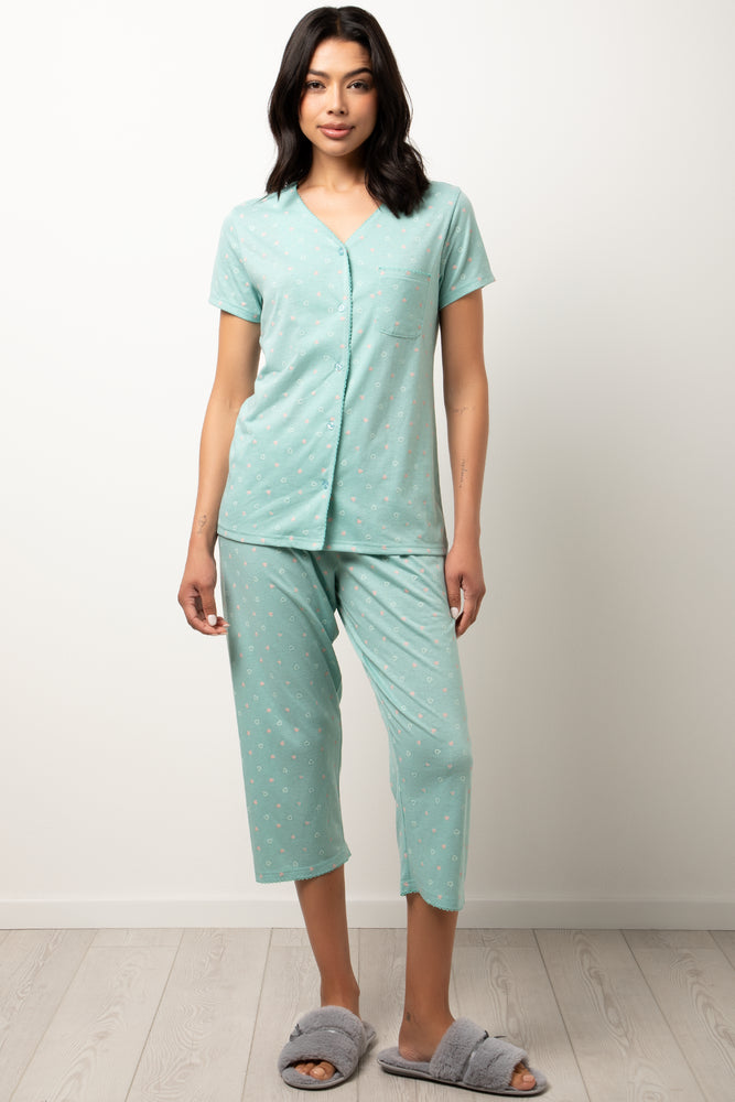 Button Through Capri Pyjama Set Sage