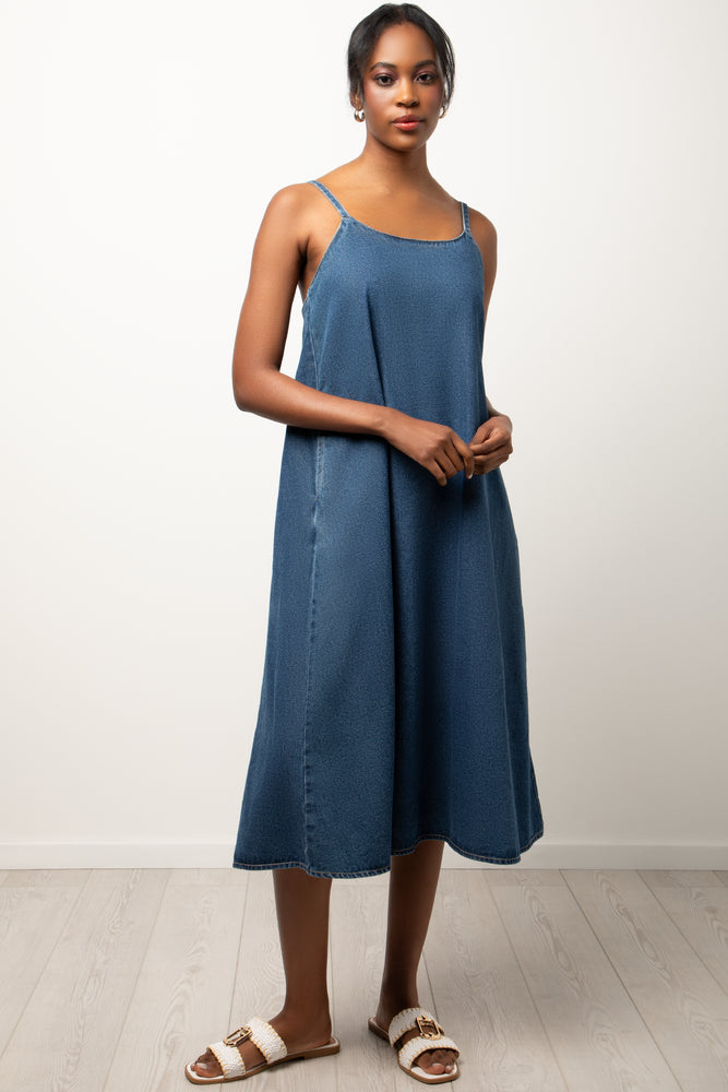 Denim Strappy Fit And Flare Dress Blue