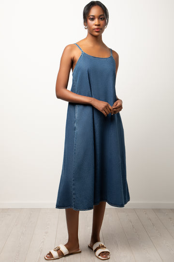 Denim Strappy Fit And Flare Dress Blue