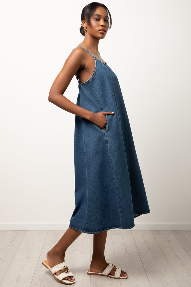 Denim Strappy Fit And Flare Dress Blue