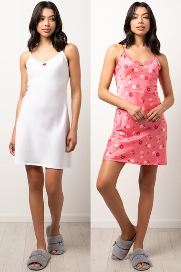 2 Pack Floral Chemises White And Pink