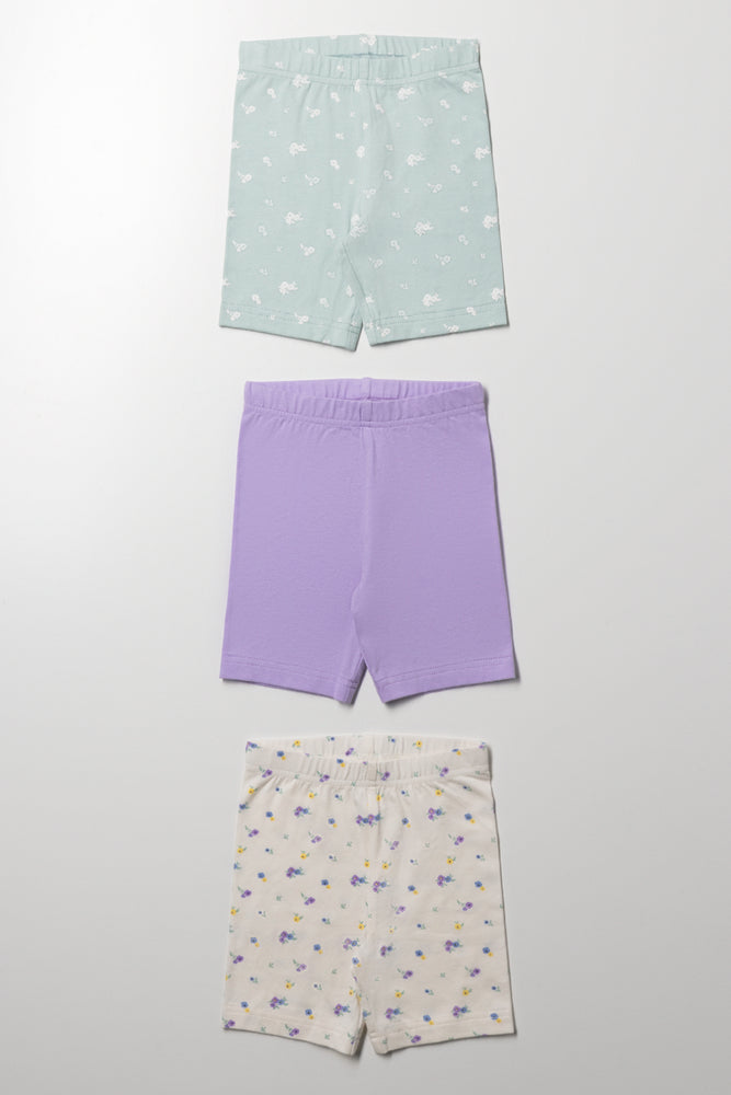3 Pack Rib Floral Cycle Shorts Green, Lilac And Cream