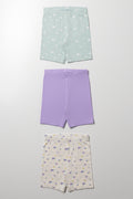 3 Pack Rib Floral Cycle Shorts Green, Lilac And Cream