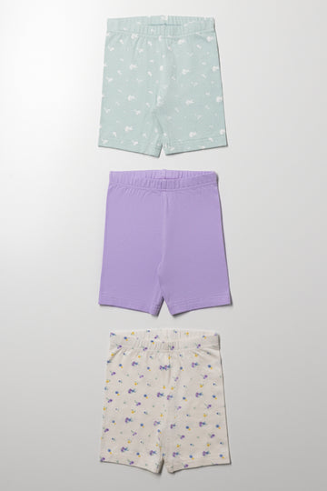 3 Pack Rib Floral Cycle Shorts Green, Lilac And Cream