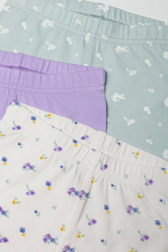 3 Pack Rib Floral Cycle Shorts Green, Lilac And Cream