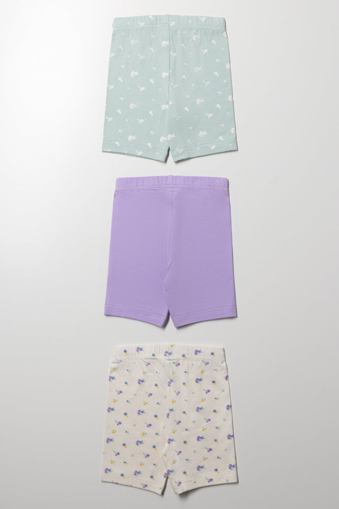 3 Pack Rib Floral Cycle Shorts Green, Lilac And Cream (2)