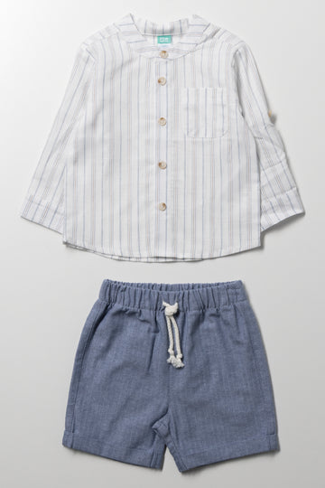 2 Piece Linen Blend Set White And Blue