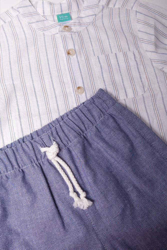 2 Piece Linen Blend Set White And Blue