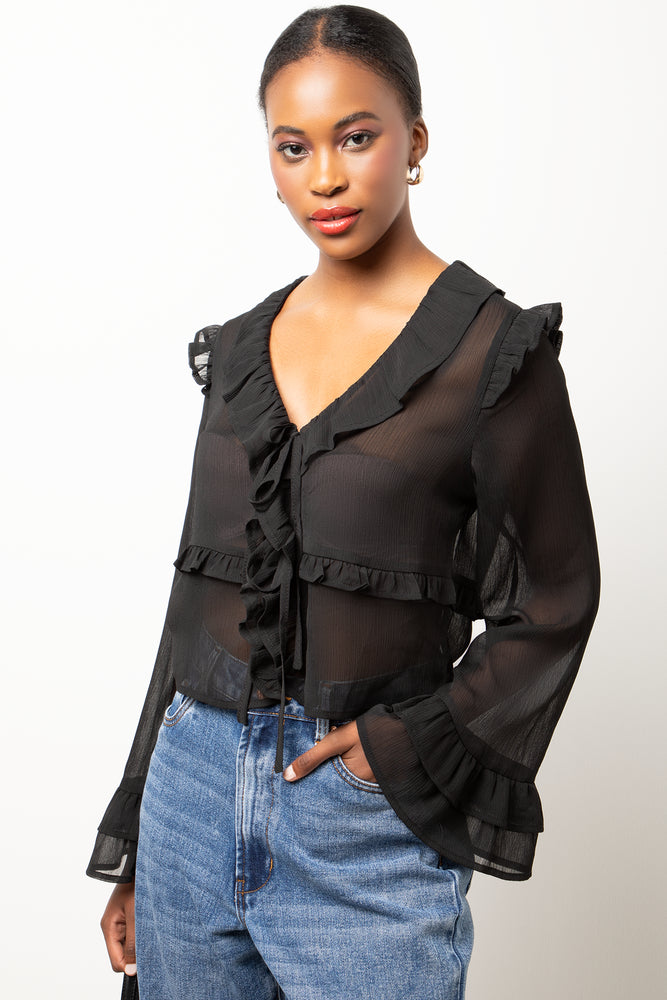 Long Sleeve Chiffon Front Tie Top Black
