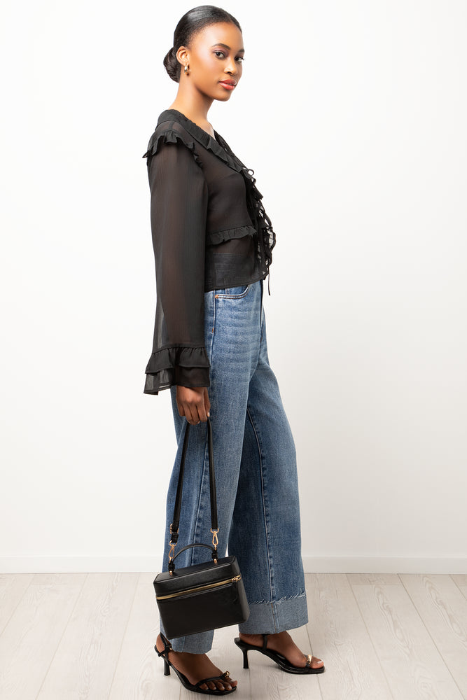 Long Sleeve Chiffon Front Tie Top Black