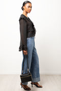 Long Sleeve Chiffon Front Tie Top Black (1)
