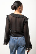 Long Sleeve Chiffon Front Tie Top Black (2)