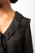 Long Sleeve Chiffon Front Tie Top Black (3)