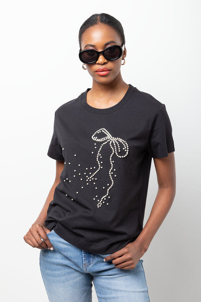 Short Sleeve Pearl Bow T-Shirt