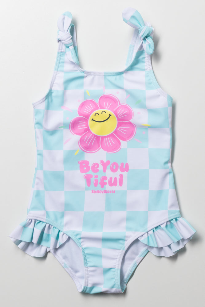 Smiley Check Swimsuit Light Blue