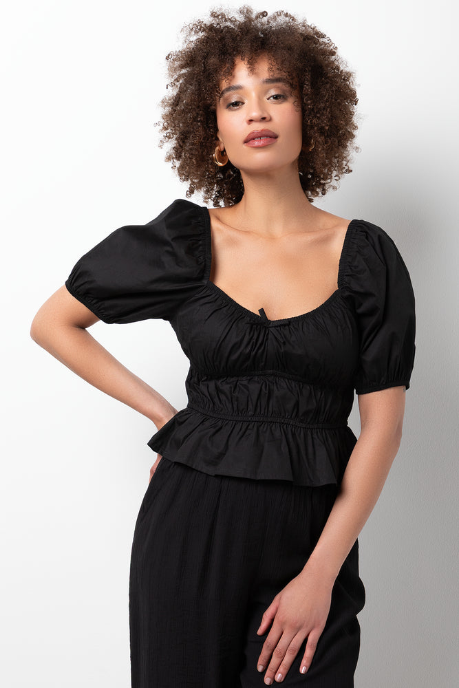 Poplin Puff Sleeve Top Black