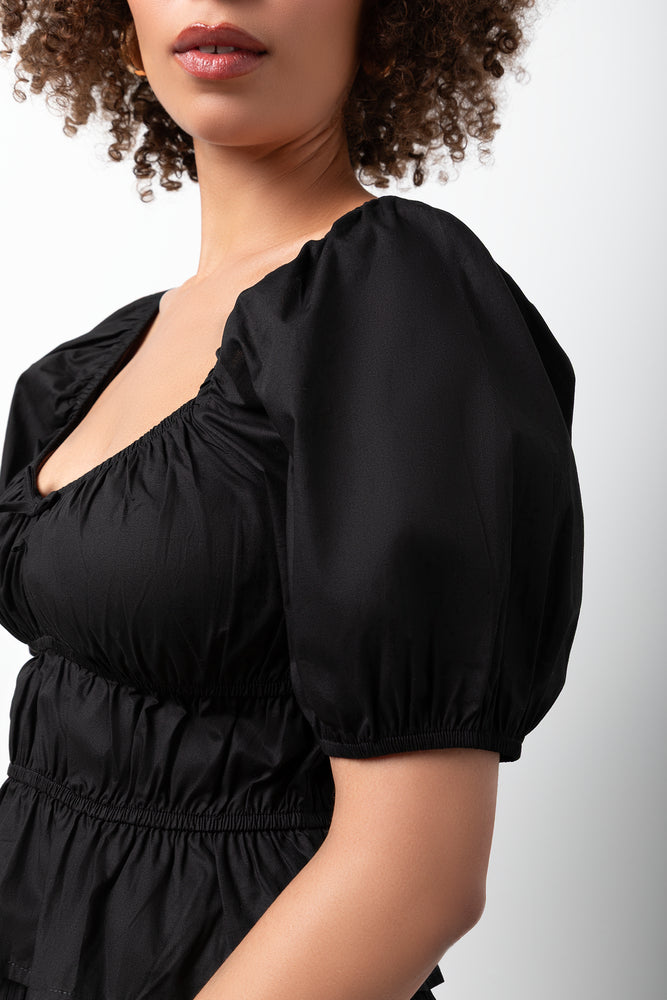Poplin Puff Sleeve Top Black (3)