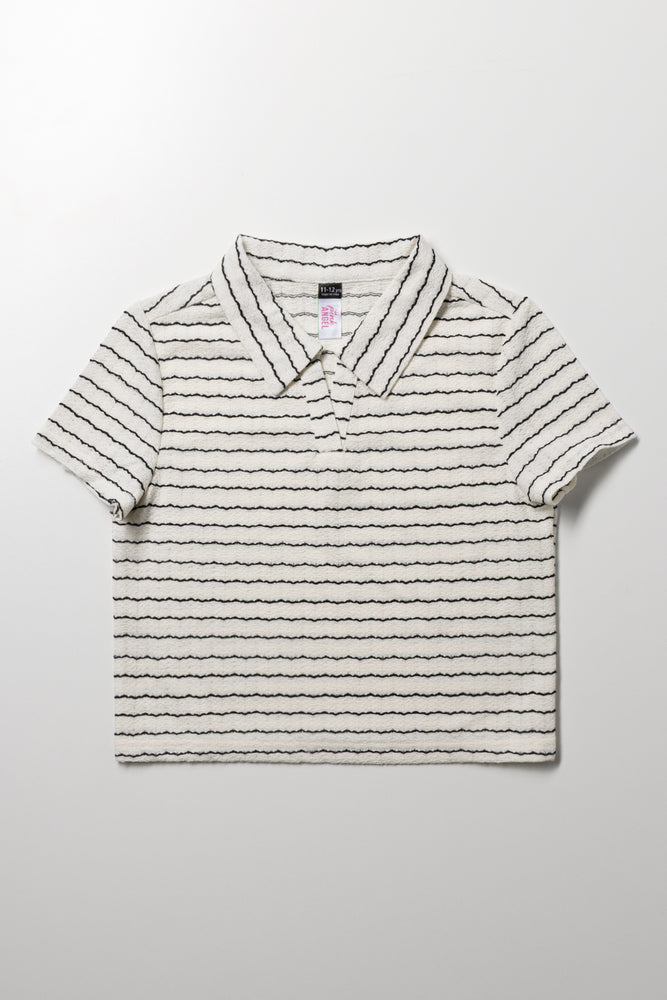 Stripe Collar Crochet Top Cream