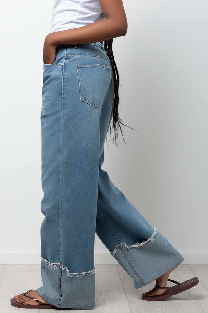 Turn Up Wide Leg Denim Jeans Blue (1)