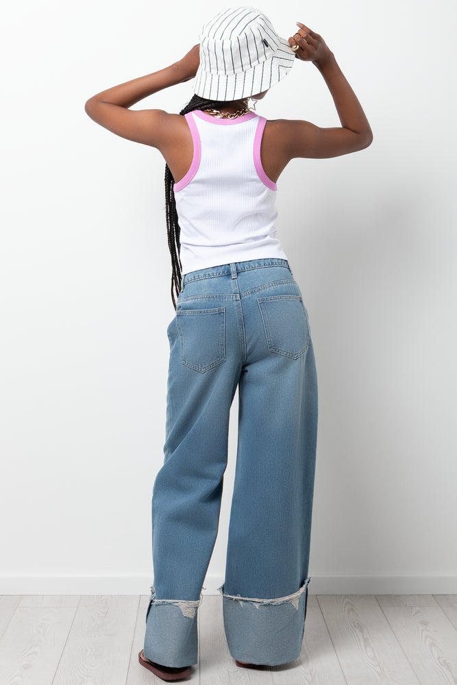 Turn Up Wide Leg Denim Jeans Blue (2)