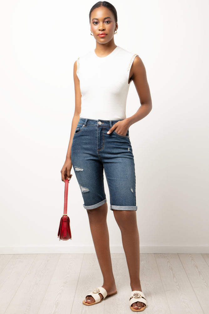 Distressed Bermuda Shorts Dark Blue