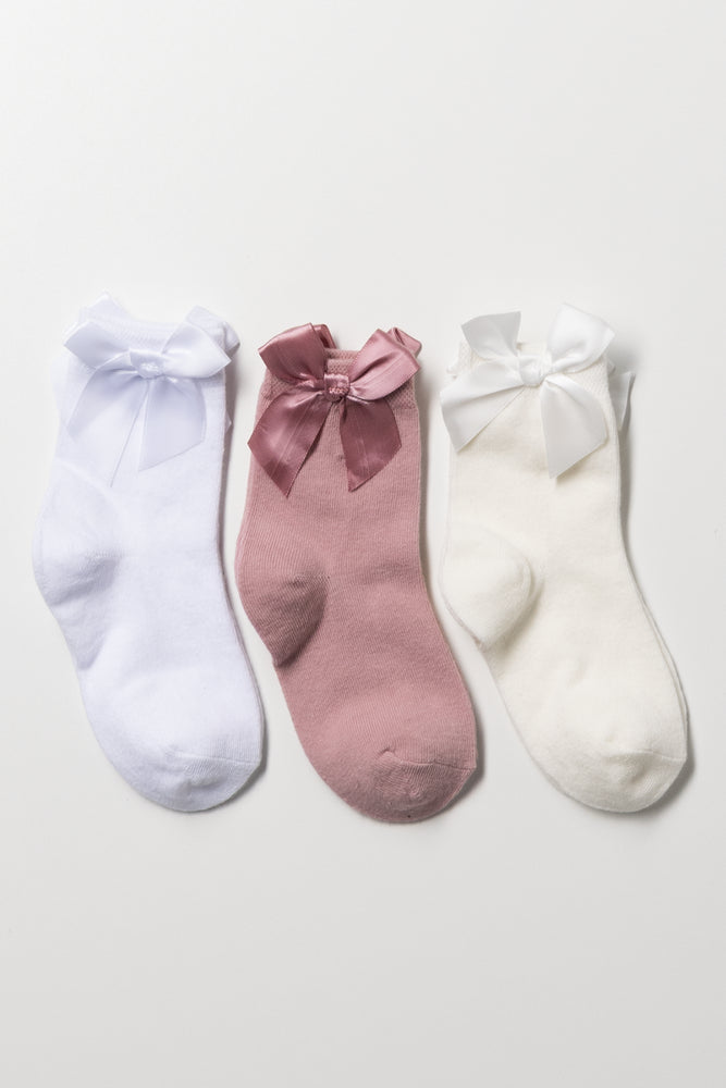 3 Pack Bow Anklet Socks White, Pink And Cream