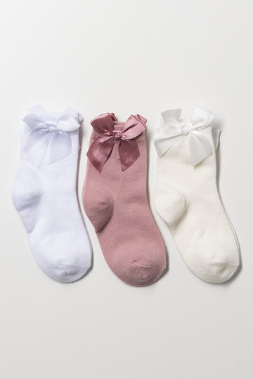 3 Pack Bow Anklet Socks White, Pink And Cream