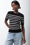Stripe Ballerina Sleeve Crew Neck Top Black And White