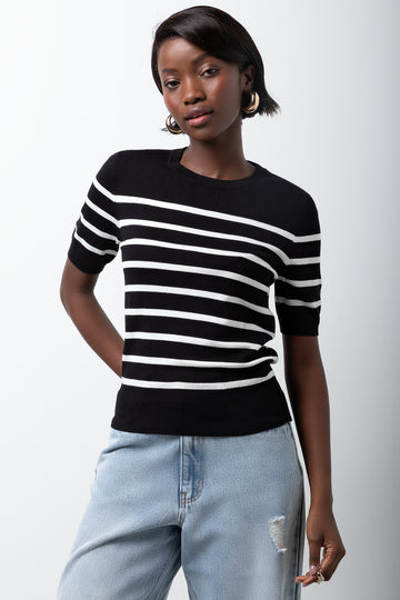 Stripe Ballerina Sleeve Crew Neck Top Black And White