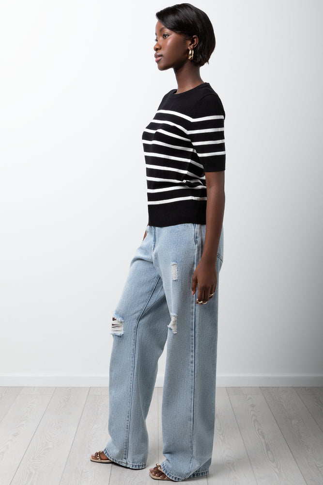 Stripe Ballerina Sleeve Crew Neck Top Black And White (1)