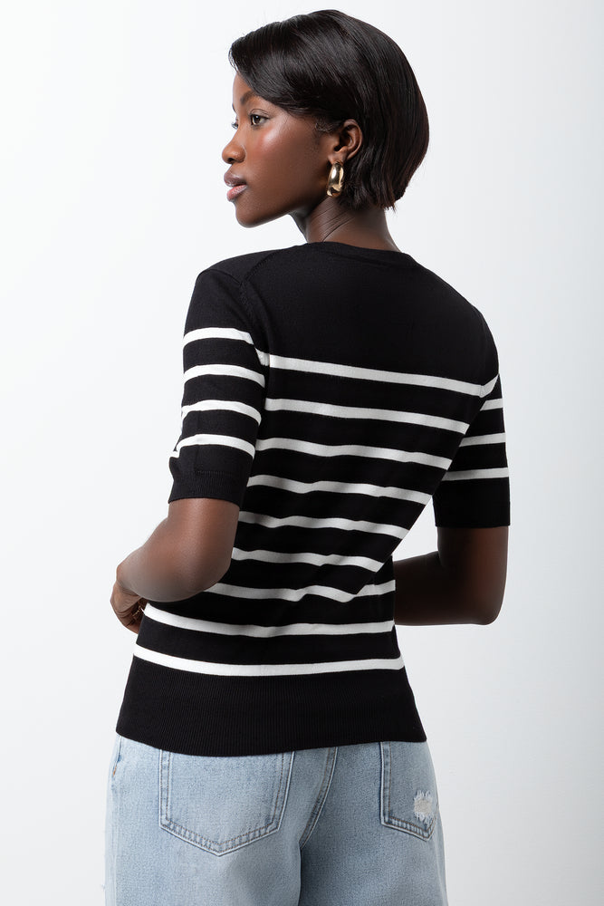 Stripe Ballerina Sleeve Crew Neck Top Black And White (2)