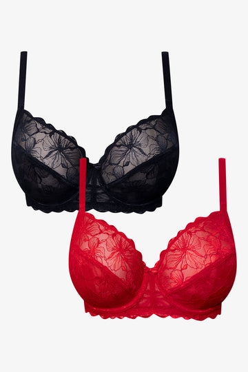 Plus Size 2 Pack Lace Non Padded Underwire Bras Black And Red