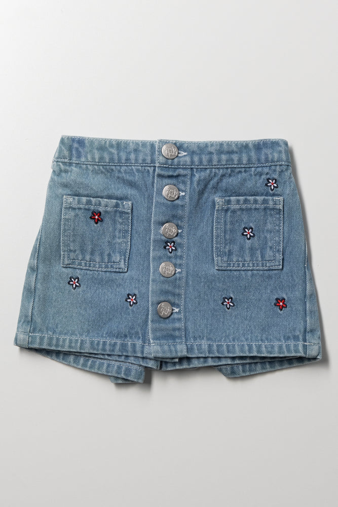 Embroidered Denim Skorts Blue