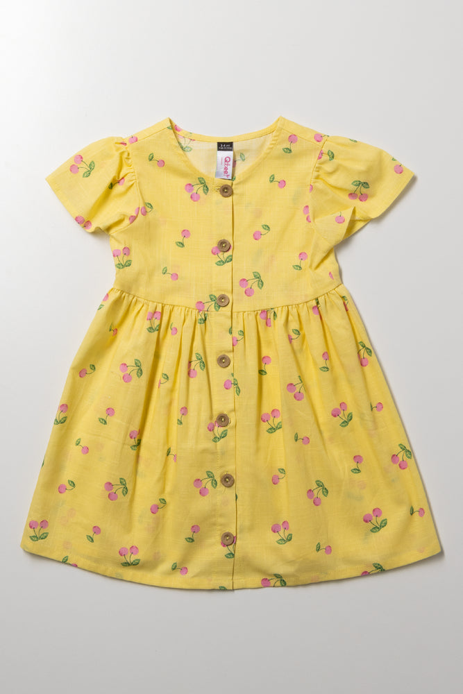 Yellow Cherry Print Button Dress