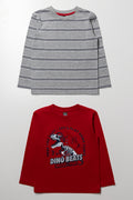2 Pack Dinosaur Stripe Long Sleeve T-Shirts Grey And Red