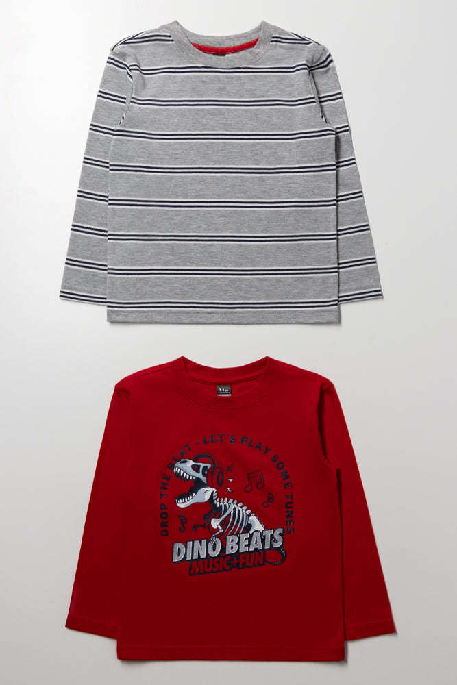2 Pack Dinosaur Stripe Long Sleeve T-Shirts Grey And Red