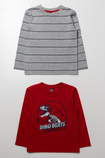 2 Pack Dinosaur Stripe Long Sleeve T-Shirts Grey And Red