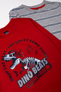2 Pack Dinosaur Stripe Long Sleeve T-Shirts Grey And Red (1)