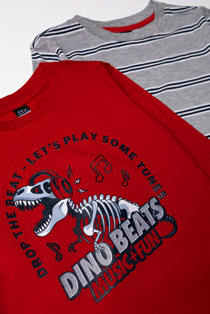 2 Pack Dinosaur Stripe Long Sleeve T-Shirts Grey And Red (1)