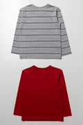 2 Pack Dinosaur Stripe Long Sleeve T-Shirts Grey And Red (2)