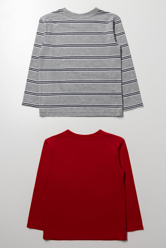 2 Pack Dinosaur Stripe Long Sleeve T-Shirts Grey And Red (2)