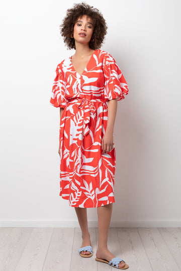 Puff Sleeve Dress Orange And White