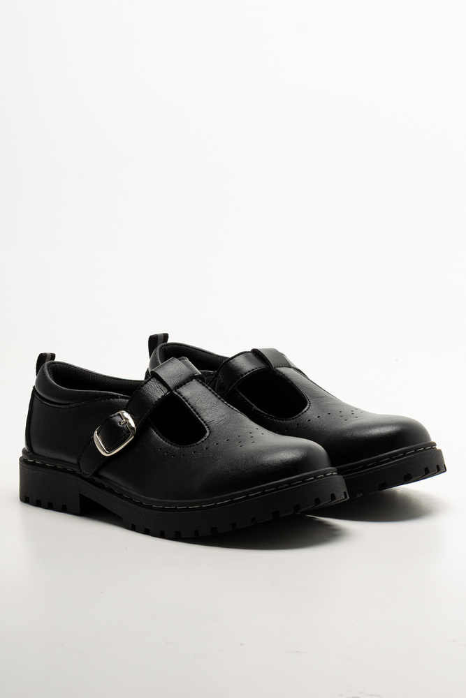 Girls Rugged Leather School Shoes Black