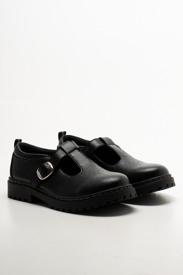 Girls Rugged Leather School Shoes Black