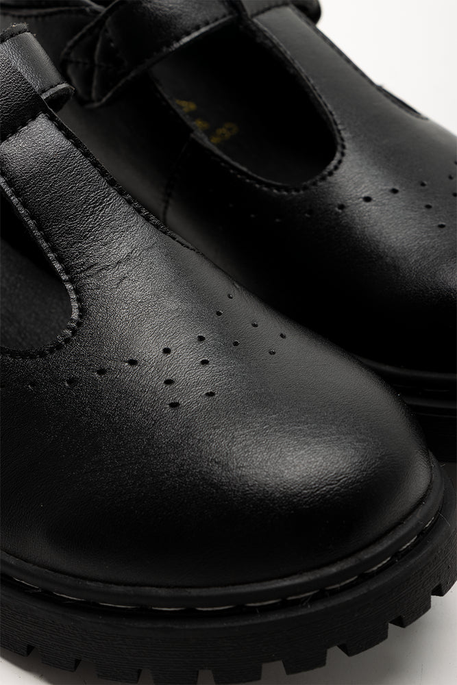 Girls Rugged Leather School Shoes Black (2)